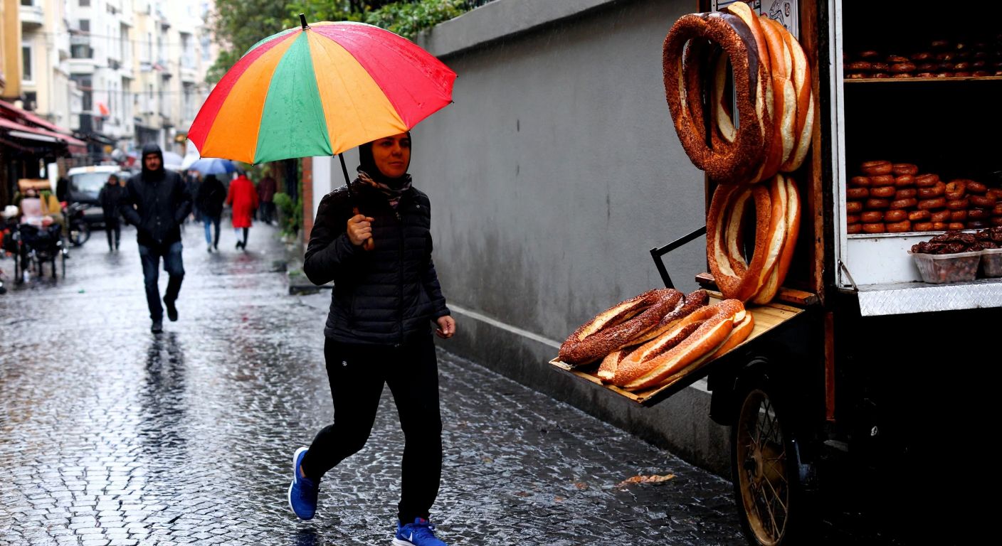 A person in Istanbul’s rainy streets, holding a colorful umbrella while jogging past a simit vendor, with raindrops glistening on cobblestones.