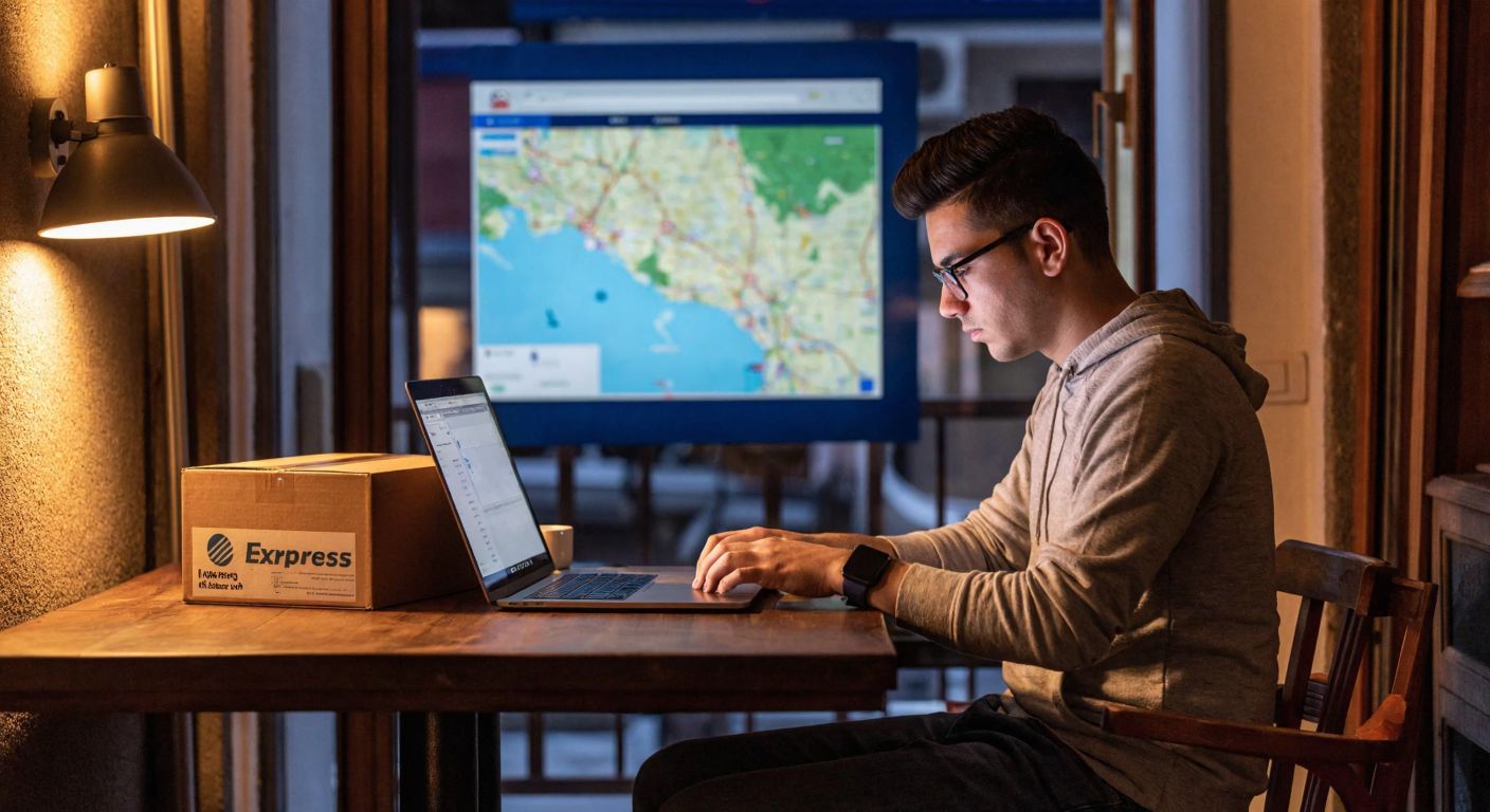 A person in Turkey, wearing casual clothing, sits at a wooden table with a laptop open, their face lit by the screen as they intently track a package's journey on a digital map with a small Yun Express-branded box beside them.