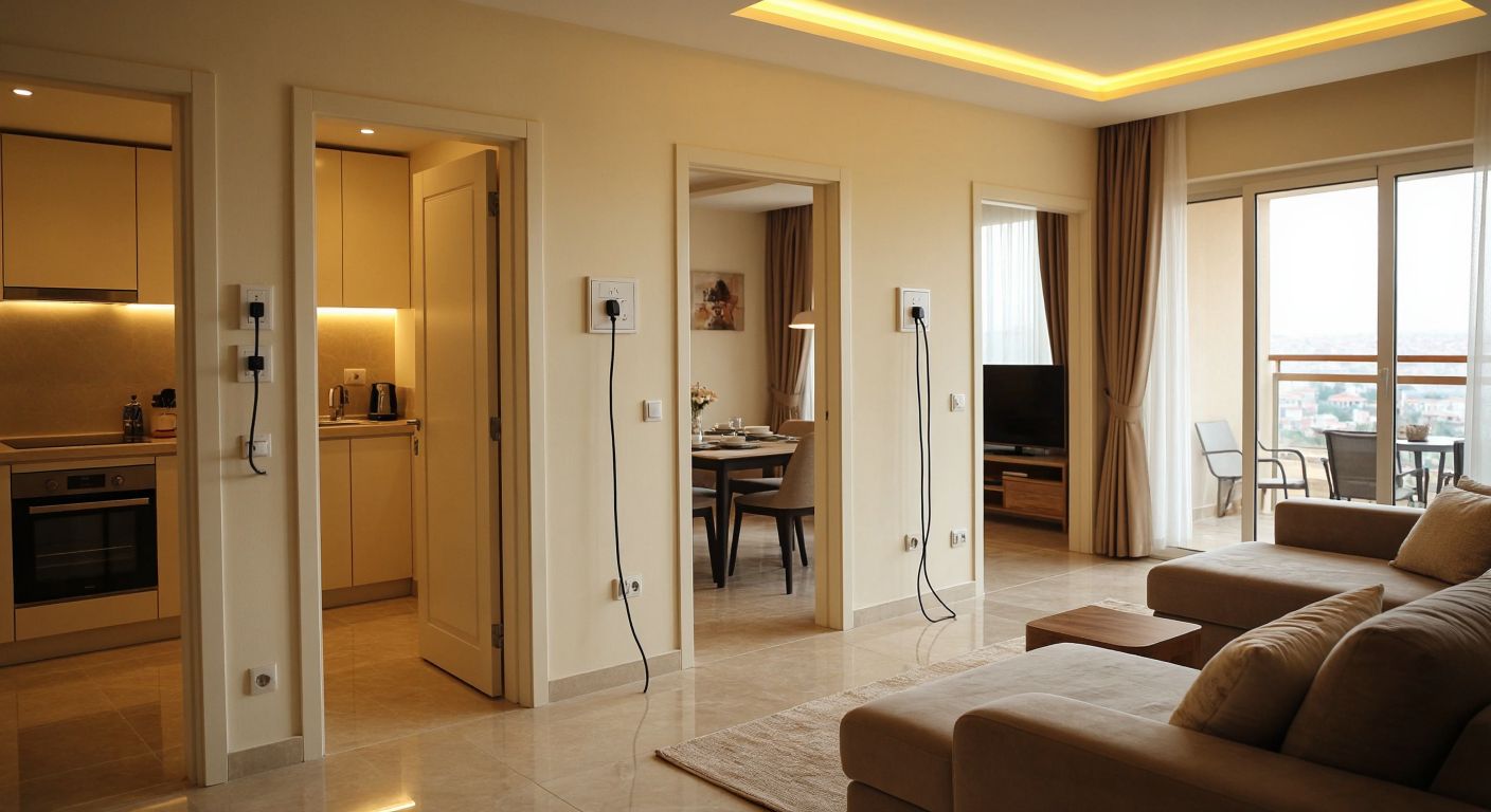 A modern Turkish apartment interior with multiple electrical outlets placed at different heights on cream-colored walls, featuring a cozy living room with a sofa, a kitchen with appliances, and a balcony door slightly ajar.