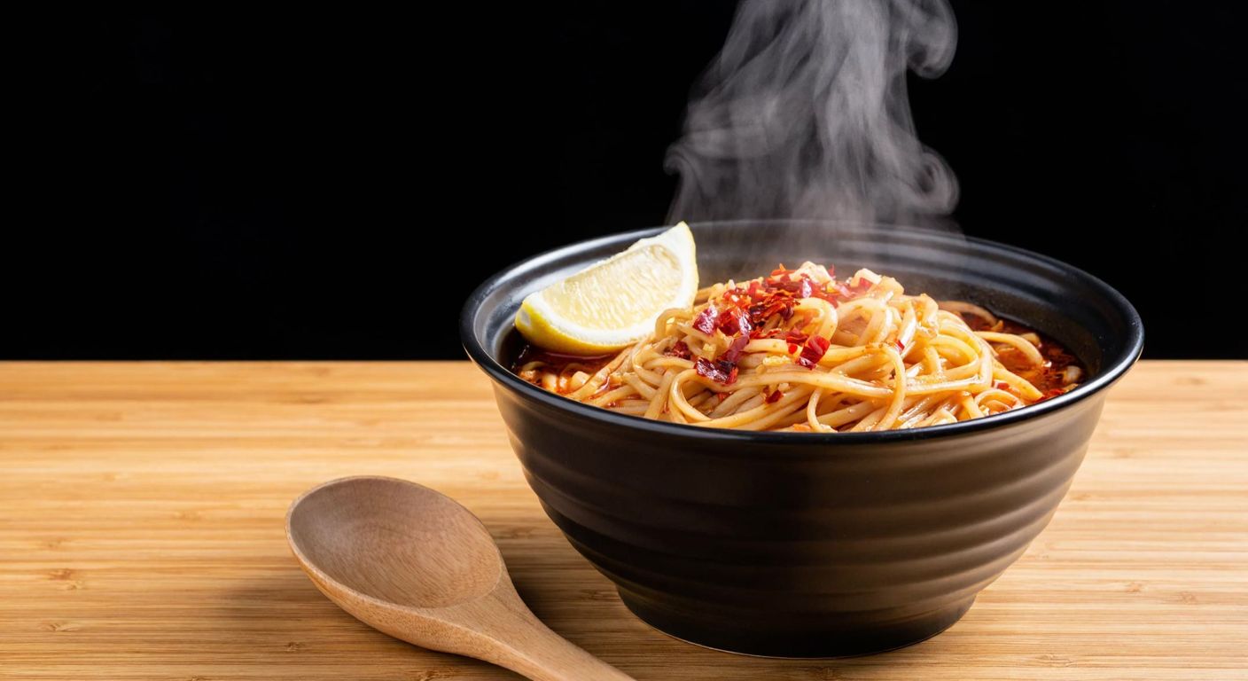 A steaming bowl of spicy noodles with red chili flakes and a slice of lemon on a wooden table, evoking heat and flavor.