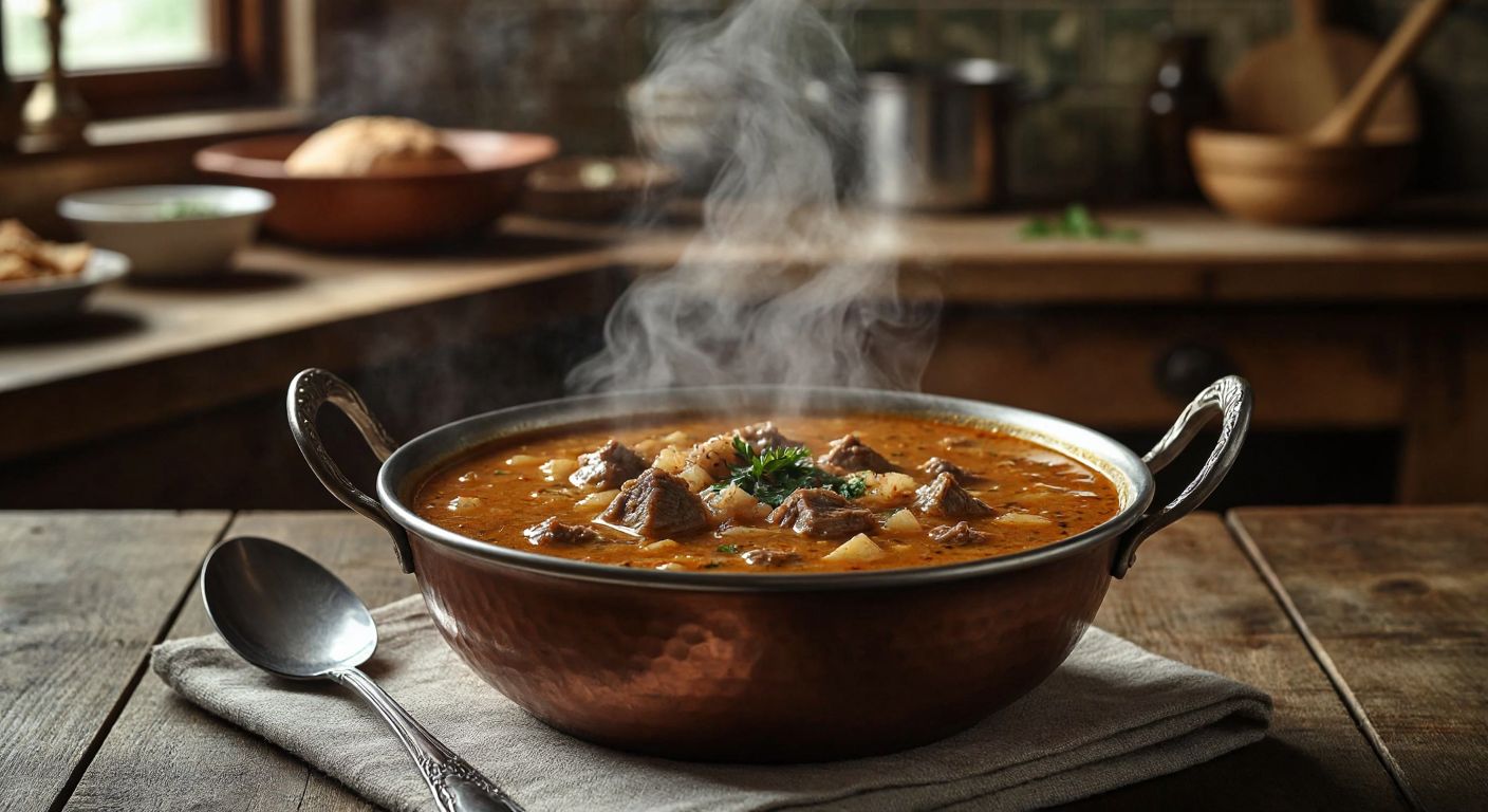 A steaming bowl of rich, golden-brown kelle paça çorbası sits on a rustic wooden table in a cozy Turkish kitchen, with a spoon resting beside it and a faint swirl of aromatic steam rising into the air.