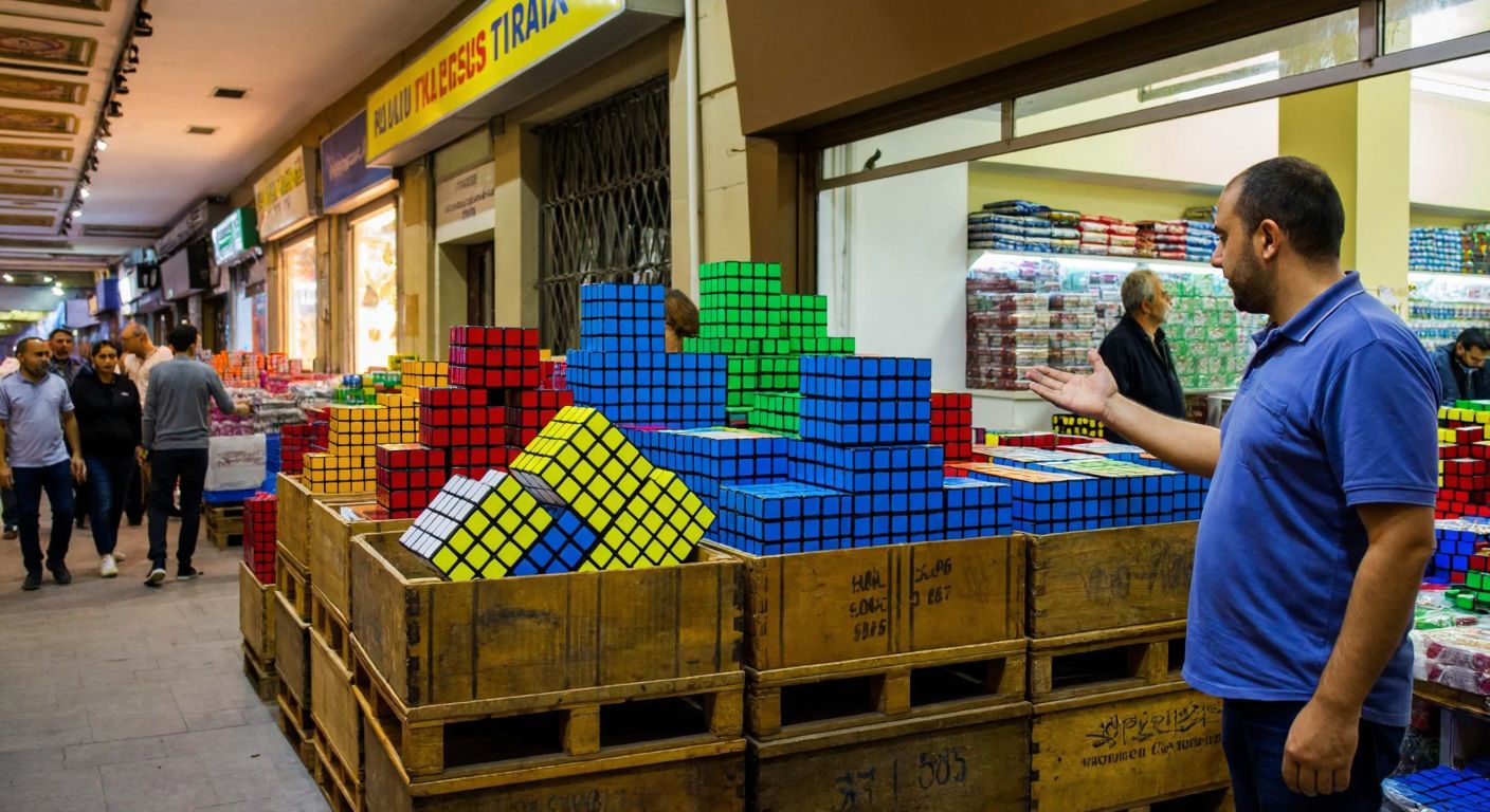 A bustling wholesale market in Istanbul, with stacks of colorful Rubik's cubes neatly arranged on wooden crates, a merchant in a casual shirt gesturing toward them, and customers examining the cubes under warm indoor lighting.
