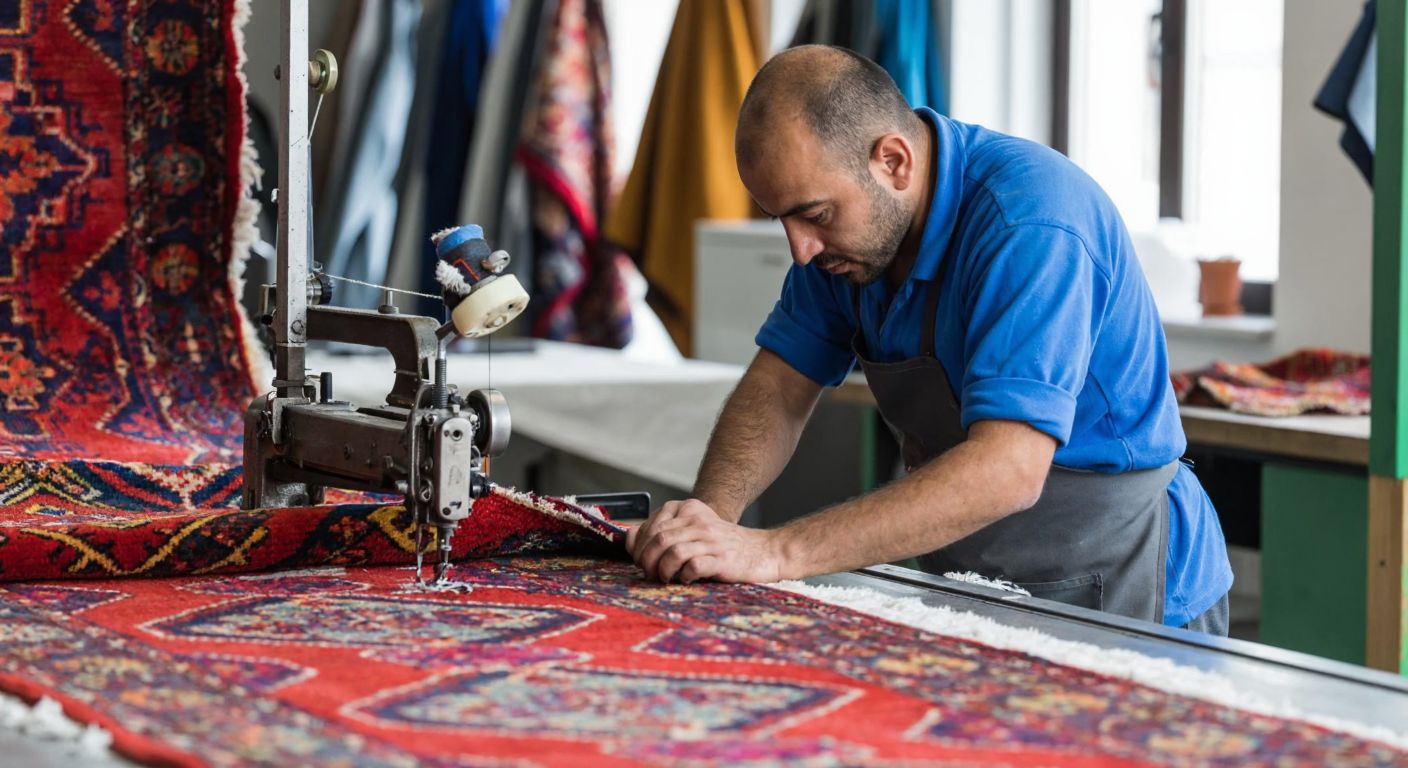 A skilled worker in a bright, bustling carpet cleaning workshop in Istanbul carefully stitches the frayed edges of a vibrant Turkish rug with an overlock machine, restoring its neat appearance.