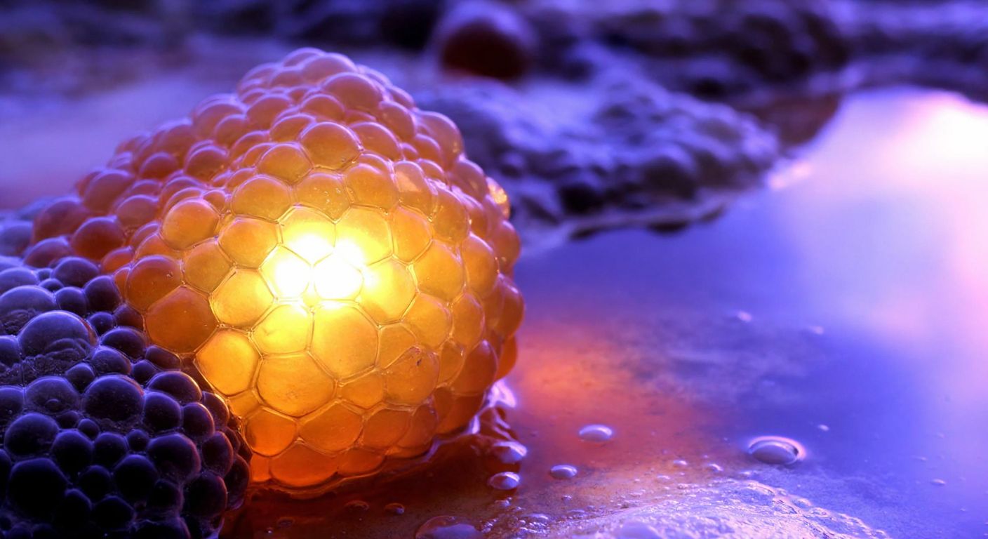 A glowing, honeycomb-like structure of enzymes in warm amber hues, surrounded by floating water droplets and nestled in a vibrant, moist environment resembling a microscopic Turkish thermal spring.