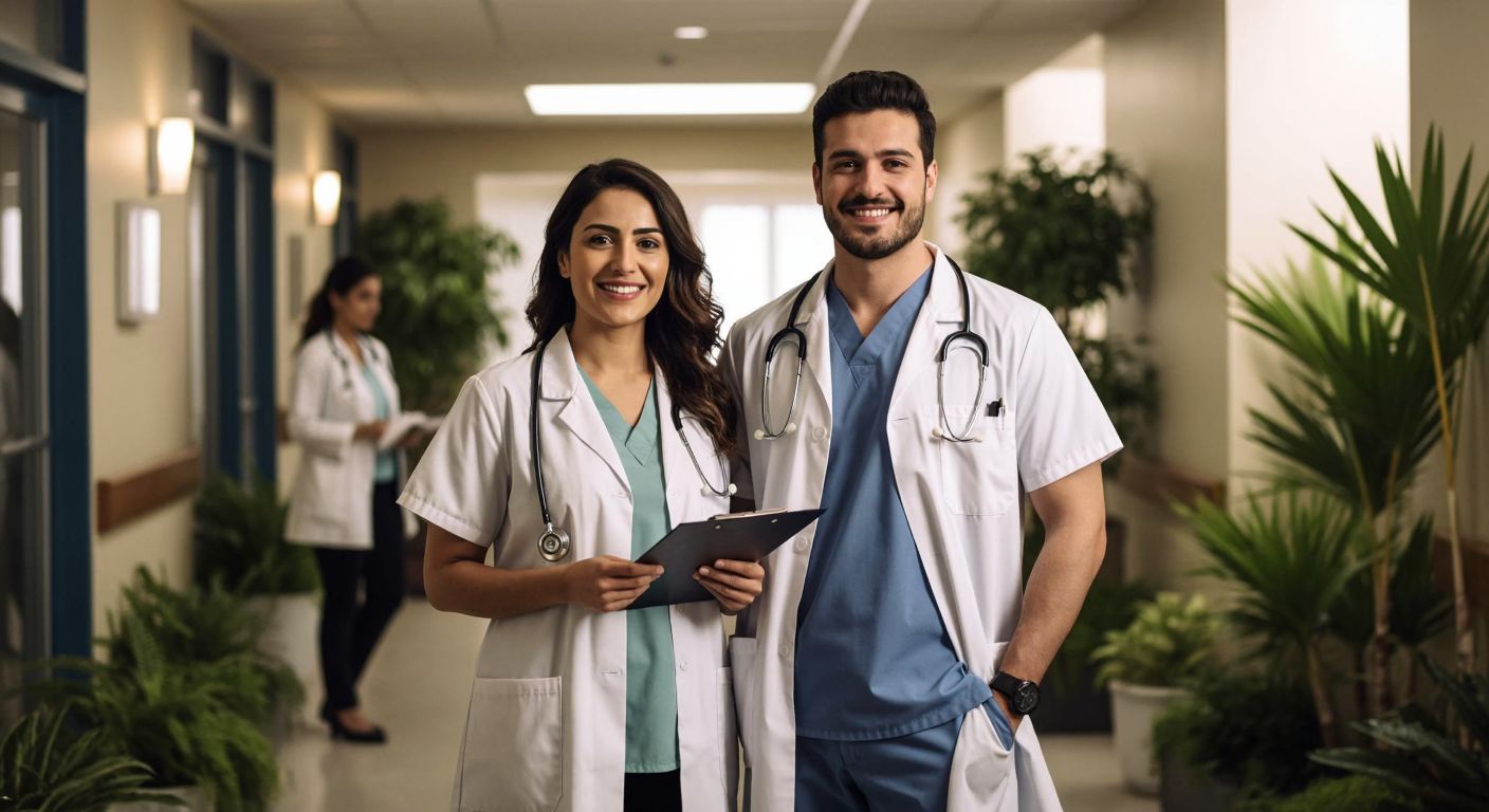 A smiling married couple in professional attire stands side by side in a hospital hallway, one holding a stethoscope and the other a clipboard, while in the background, another couple tends to a lush garden under the warm Turkish sun.