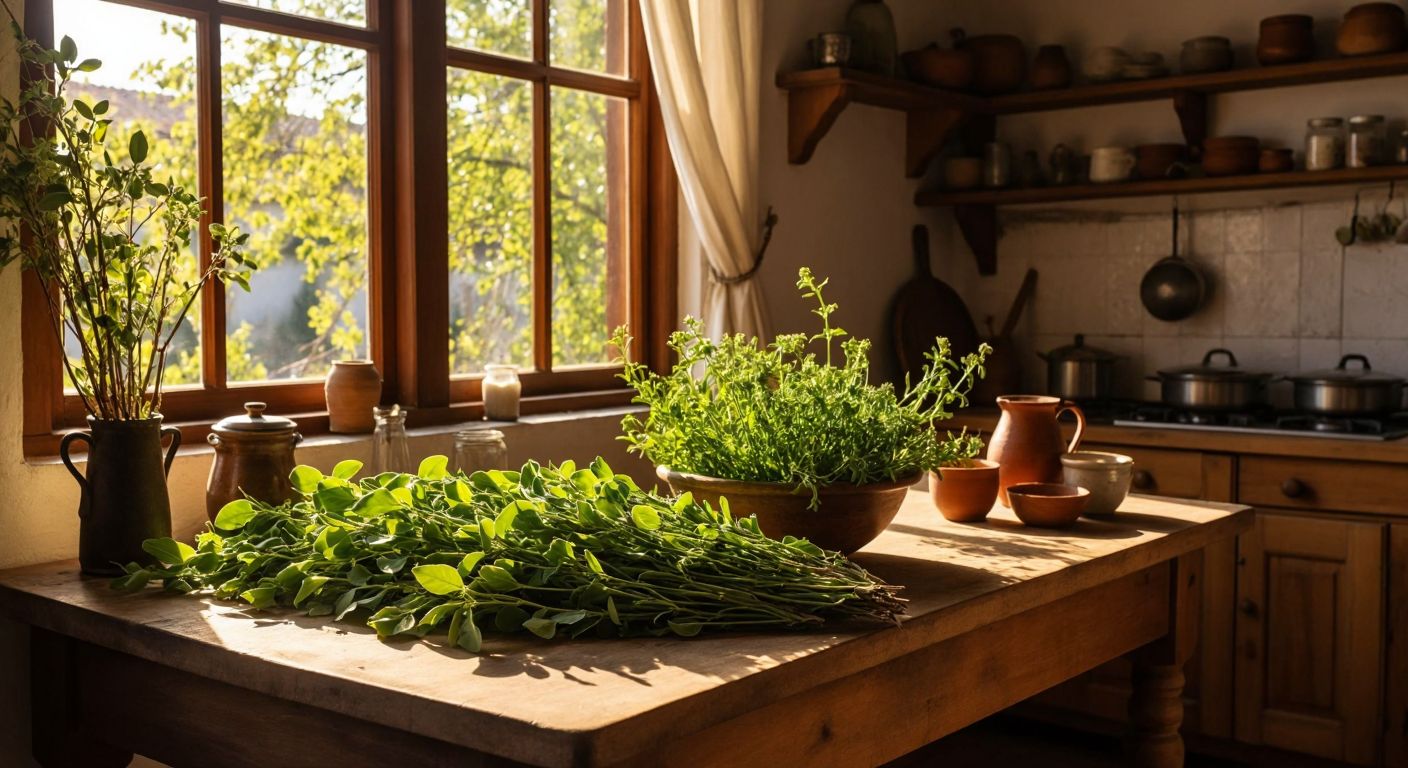 A rustic wooden table in a Turkish kitchen displays fresh ökse otu, öd ağacı branches, öksürük otu, and öküzdili, bathed in warm sunlight.
