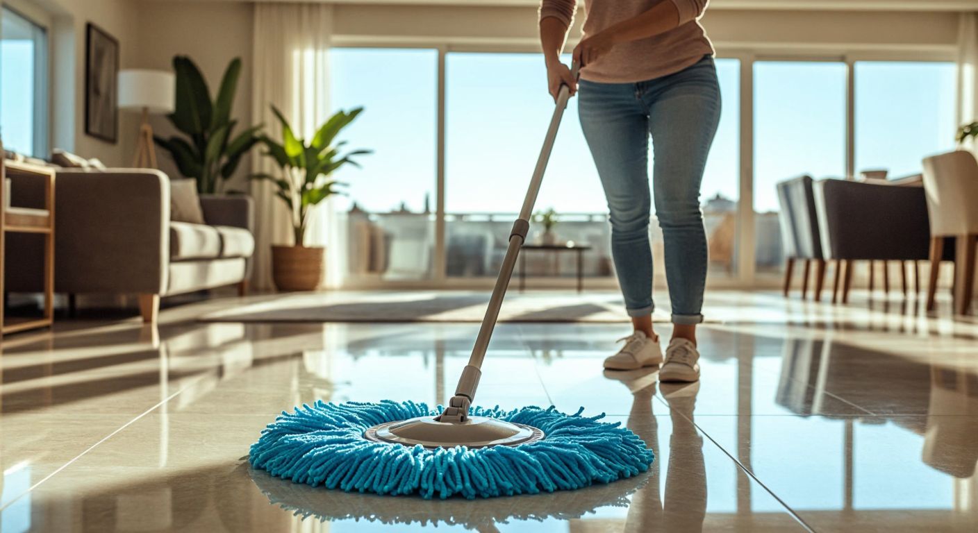 A smiling woman in a modern Turkish home effortlessly pushes a turbo pedal mop with a bright blue microfiber head across a gleaming tiled floor, surrounded by a tidy living space with sunlight streaming through the windows.