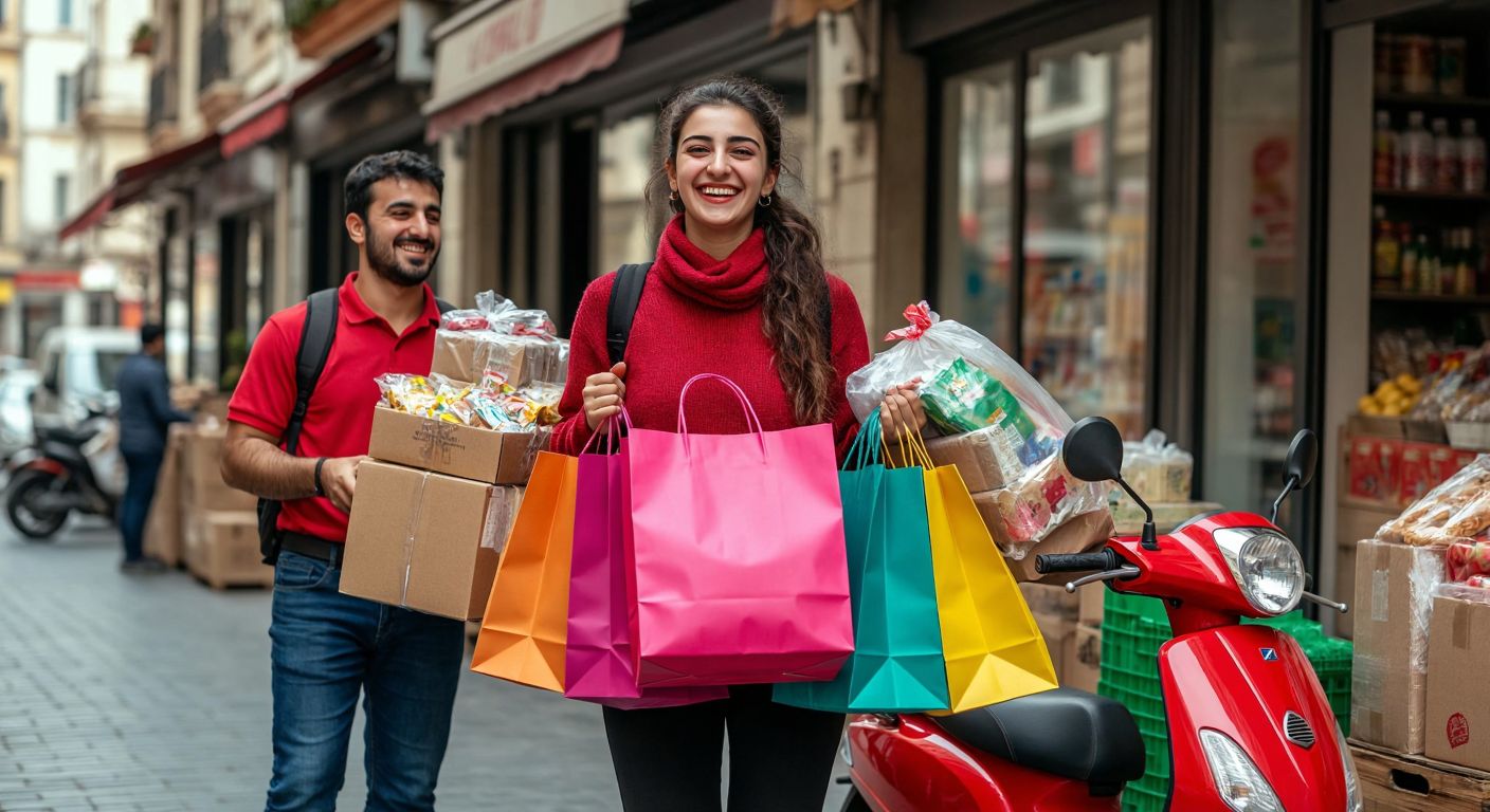 A cheerful Turkish shopper holding multiple colorful shopping bags overflowing with various products, standing beside a delivery worker unloading more packages from a scooter.