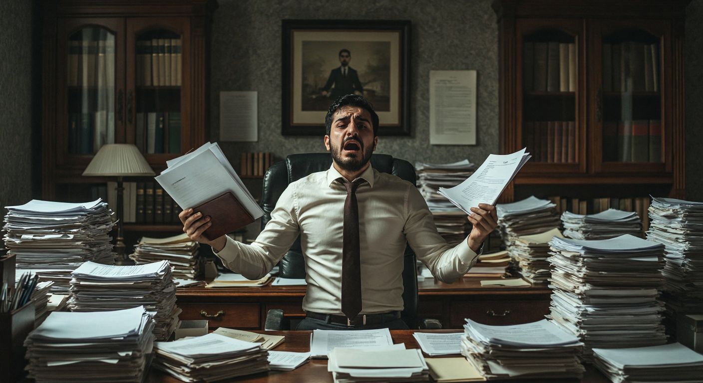 A frustrated Turkish accountant in a dimly lit office, surrounded by stacks of disorganized papers and a single leather-bound ledger, shaking their head while holding two separate documents.