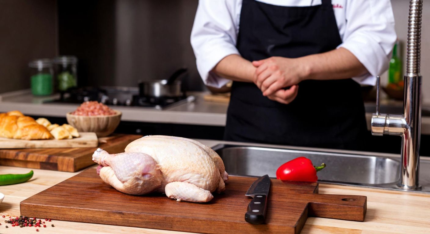 A Turkish kitchen counter with a raw chicken on a wooden cutting board, a knife beside it, and a person in traditional cooking attire carefully trimming excess fat and skin while avoiding a running faucet.