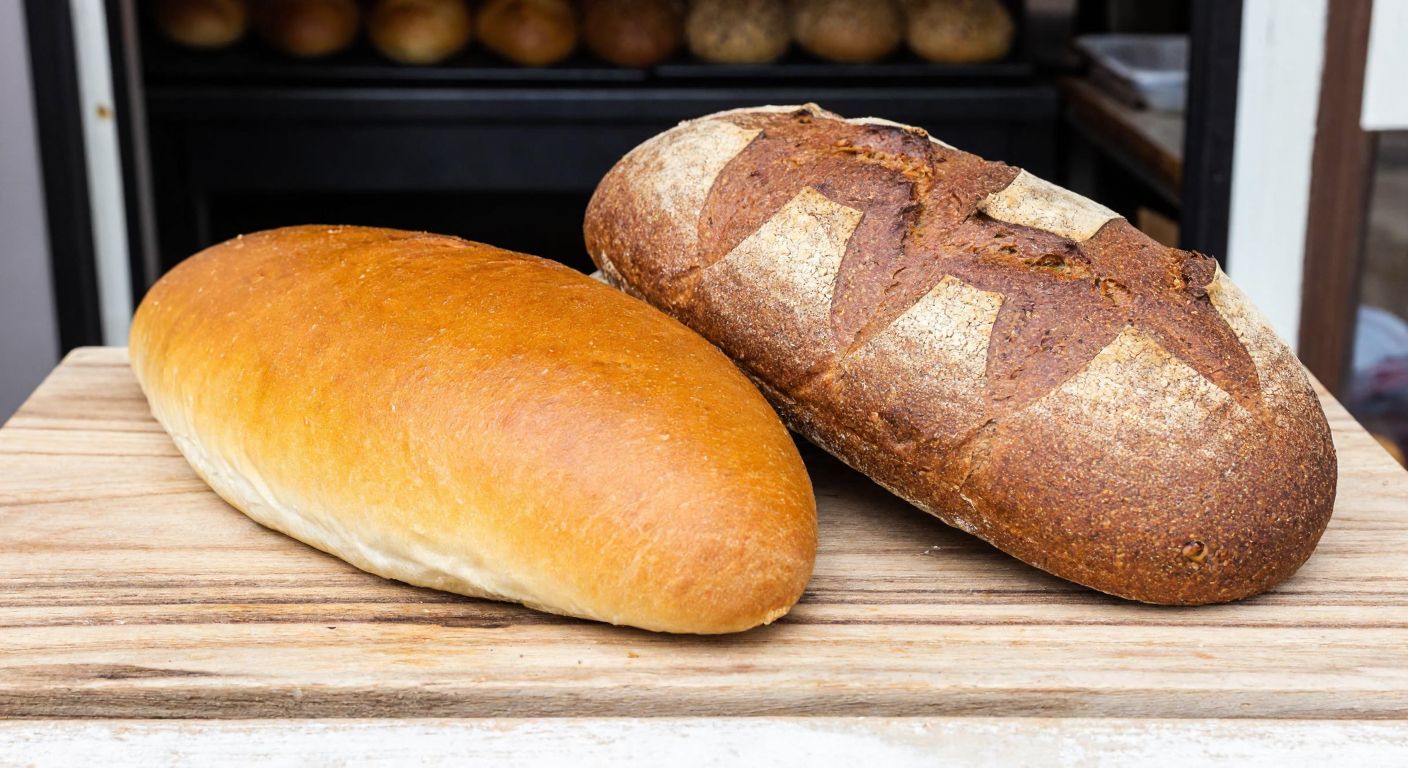 A rustic wooden table in a Turkish bakery displays two fresh loaves side by side—one golden-brown francala with a soft, smooth crust, and the other a darker, denser tam buğday loaf studded with visible grains.