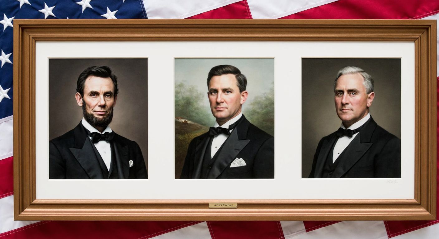 A solemn portrait gallery featuring Abraham Lincoln, Franklin D. Roosevelt, and George Washington, their expressions dignified, framed against a backdrop of the American flag.