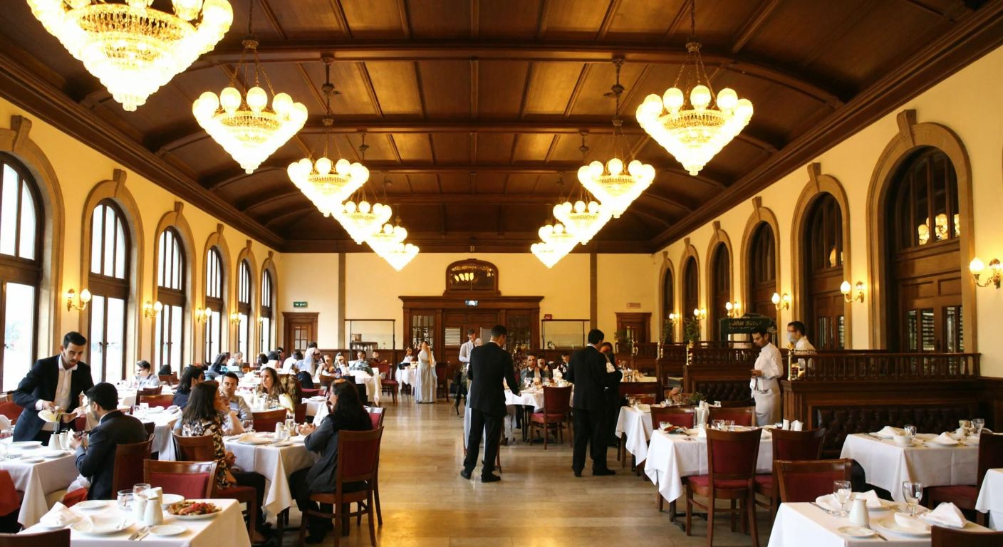 A grand, historic train station restaurant in Ankara with elegant chandeliers, white tablecloths, and waiters serving traditional Turkish tea and dishes, while guests enjoy the meal in a refined, alcohol-free setting.