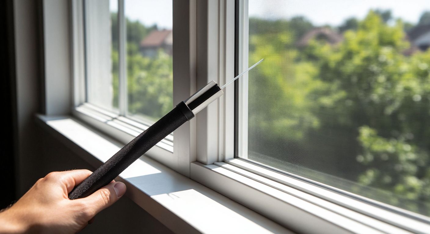 A close-up of a black elastic silicone flyscreen spline being pressed into a white window frame, securing a fine mesh netting in place under bright sunlight.