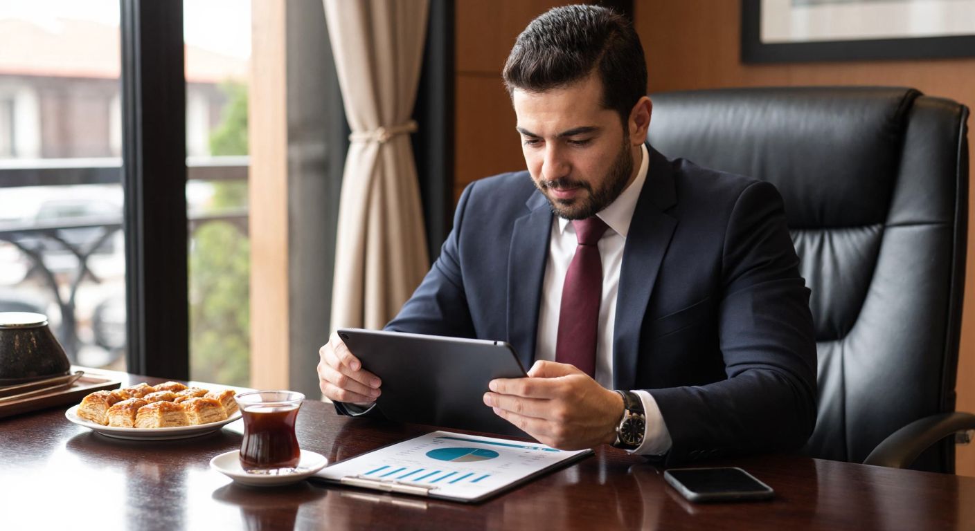 A confident Turkish businessman in a sleek office reviews financial charts on a tablet, with a steaming cup of Turkish coffee and a small plate of baklava on the desk beside him.