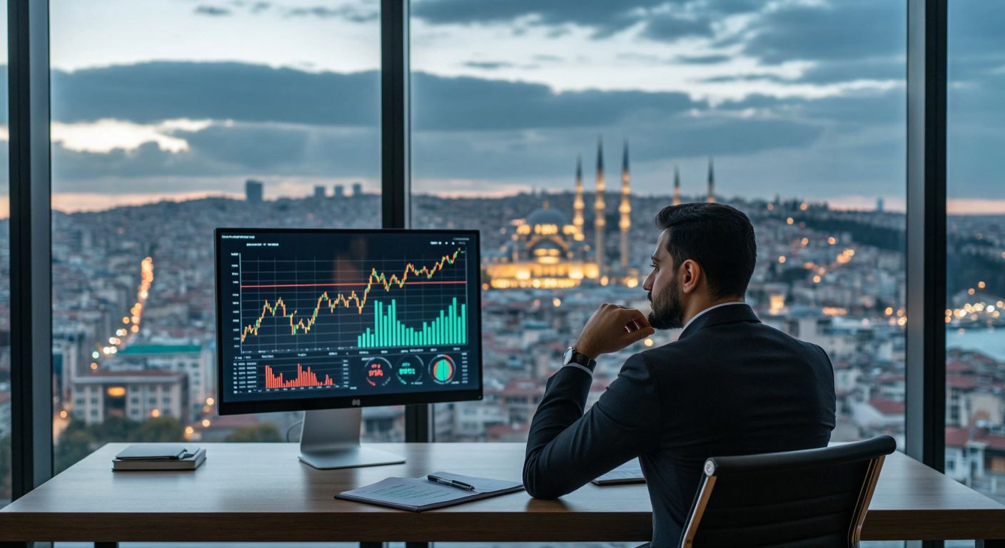 A Turkish investor in a modern office, thoughtfully weighing two options: a single glowing stock chart (representing equity-focused funds) on one side and a diversified set of smaller charts (representing variable funds) on the other, with a backdrop of Istanbul's financial district.
