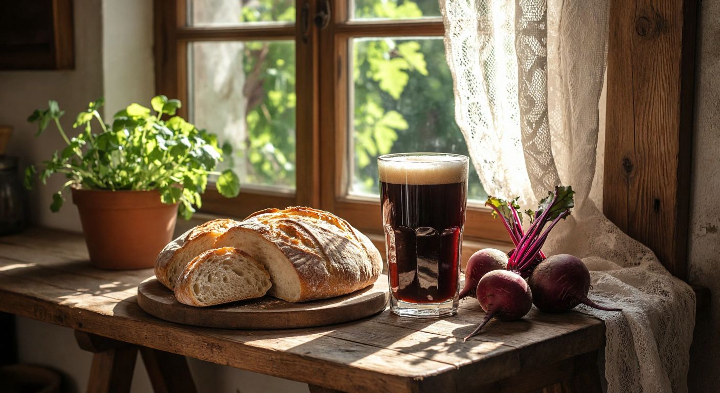 A rustic wooden table in a cozy Turkish kitchen holds a frothy glass of dark kvass beside fresh beets and a loaf of sourdough bread, with sunlight streaming through a lace curtain.