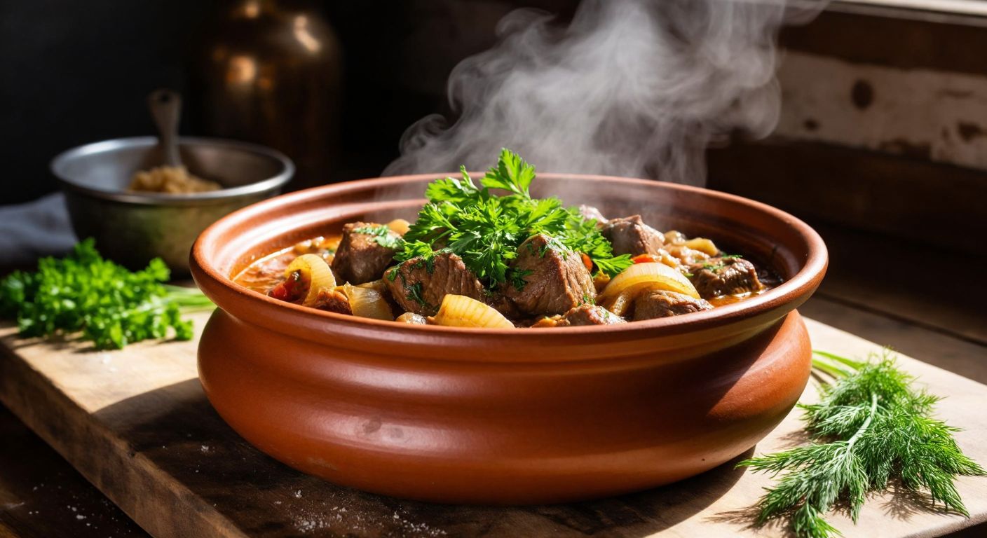 A steaming clay pot of tender lamb and fennel stew, garnished with fresh dill, resting on a rustic wooden table in a sunlit Turkish kitchen.