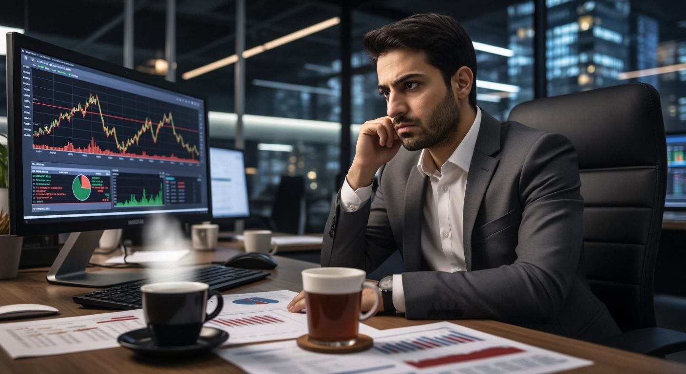 A focused Turkish investor in a modern office, frowning at a computer screen displaying fluctuating stock charts, with a steaming cup of Turkish coffee and scattered financial reports on the desk.