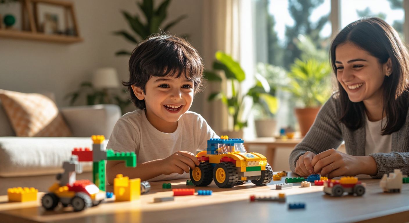 A cheerful Turkish child around 7-8 years old, with dark hair and bright eyes, excitedly assembling a colorful robotic toy on a wooden table in a sunlit room, surrounded by scattered toy parts and a parent smiling warmly nearby.