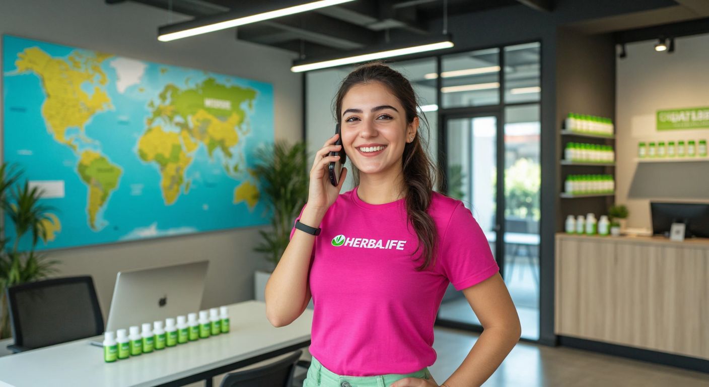 A smiling Turkish woman in a bright pink Herbalife t-shirt stands in a modern Istanbul office, holding a phone to her ear while pointing to a map of Turkey with distributor locations marked by small product bottles.