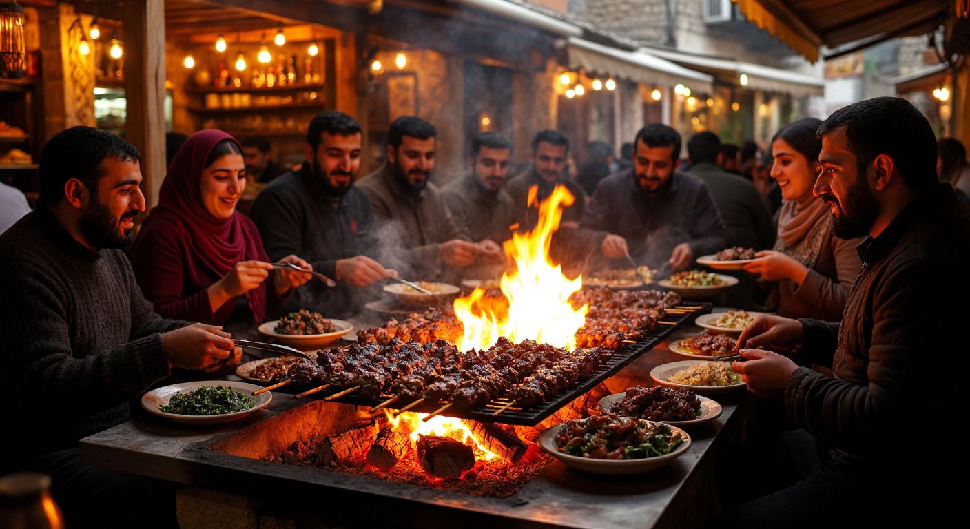 A bustling traditional restaurant in Siirt with a wood-fired pit glowing orange, skewers of tender lamb roasting over smoky meşe oak embers, surrounded by eager diners savoring plates of fragrant büryan kebab, their faces lit with delight.
