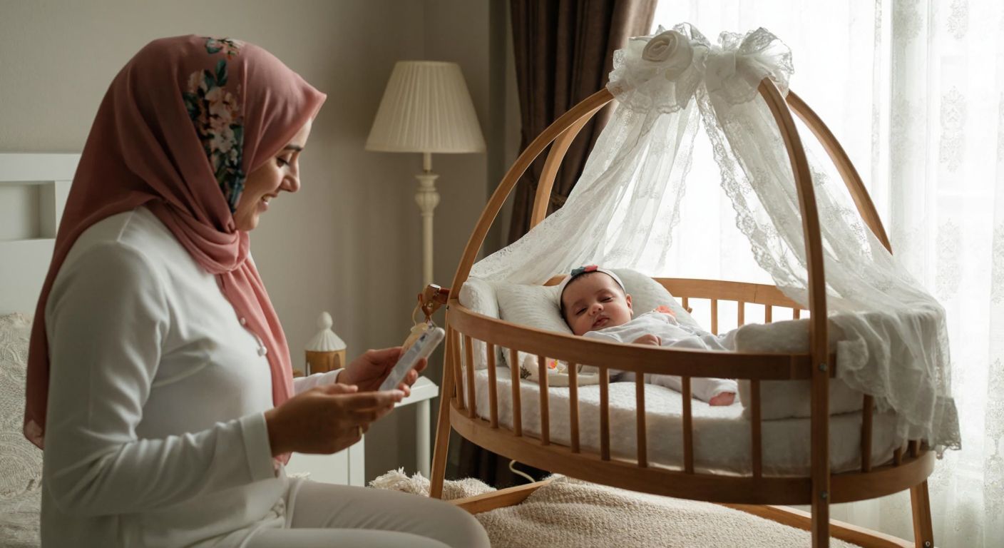 A cozy Turkish nursery with a wooden self-rocking cradle draped in soft white lace and a plush baby bouncer in pastel colors, both gently swaying as a smiling mother in a floral headscarf watches over her peacefully sleeping infant.