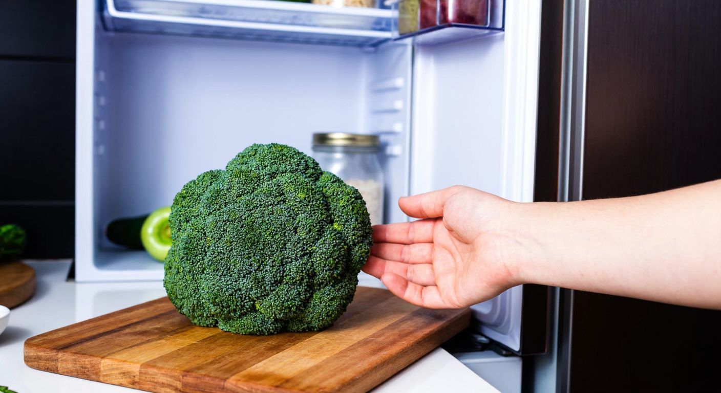 A vibrant green head of fresh broccoli sits on a wooden cutting board next to an open refrigerator, with a person’s hand gently checking its firmness while a faint earthy scent lingers in a cozy Turkish kitchen.