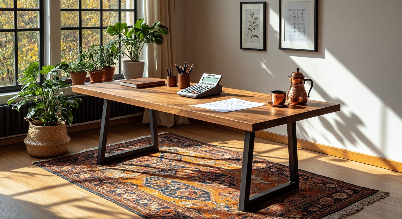 A sleek, minimalist wooden desk (160x80 cm) placed in a sunlit home office with a calculator and a sheet of paper showing a simple multiplication equation, surrounded by warm Turkish decor like a copper coffee set and a woven kilim rug.