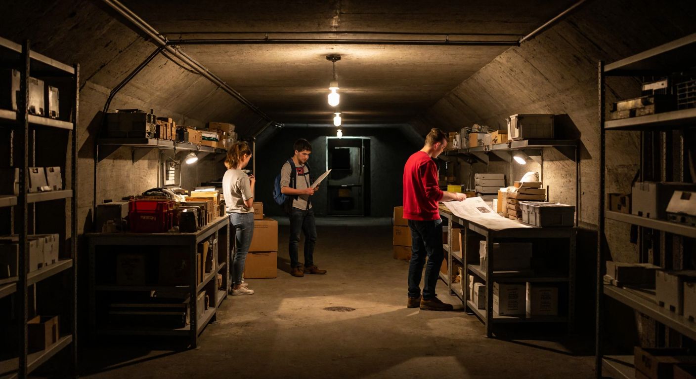 A dimly lit underground bunker with concrete walls, metal shelves stocked with industrial supplies, and a small group of students in casual attire examining blueprints under a single hanging bulb.