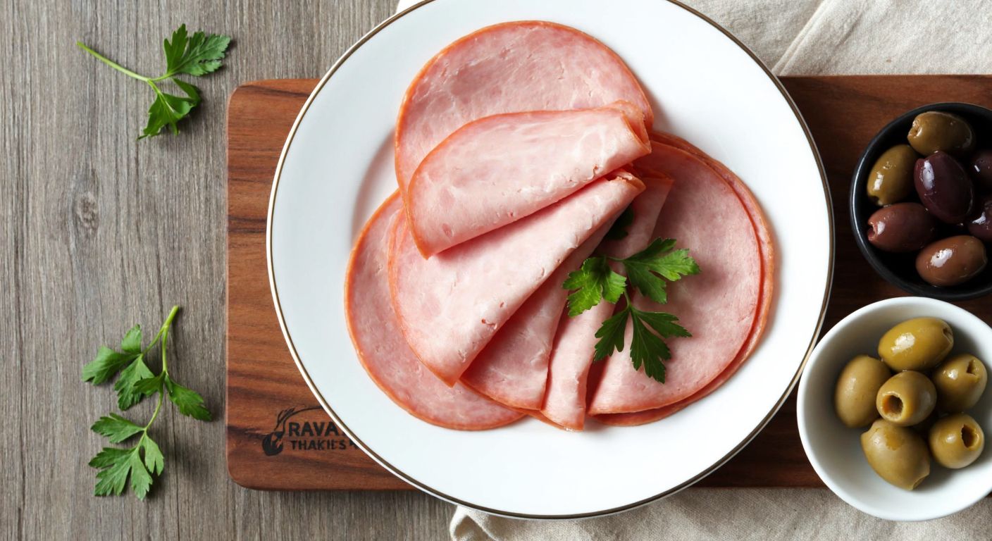 A neatly arranged plate of thinly sliced Pınar turkey salami on a rustic wooden table, with a small bowl of olives and fresh herbs beside it, evoking a simple Turkish breakfast setting.
