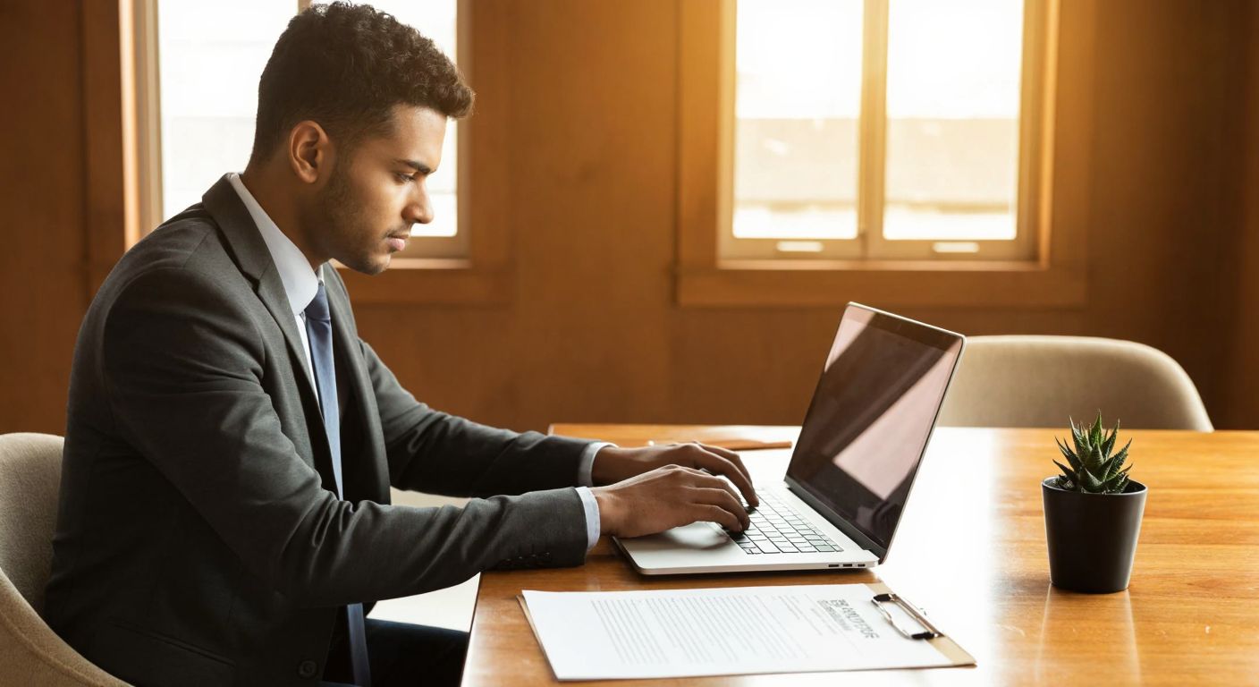 A young professional in formal attire sits at a wooden desk in a warmly lit room, typing on a laptop with a determined expression, while a printed job application form and a small potted plant sit beside them.