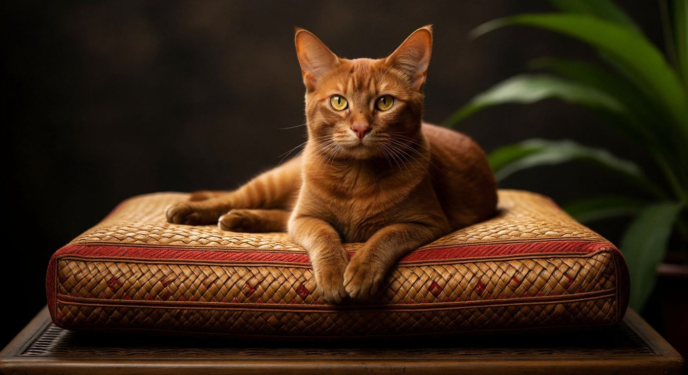 A sleek, reddish-brown short-haired cat with golden eyes lounges gracefully on a woven Thai cushion, exuding elegance and luck.