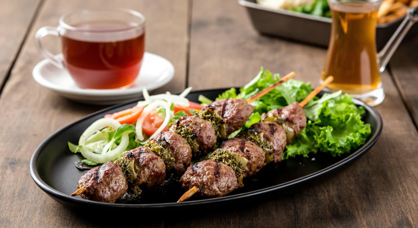 A sizzling skewer of grilled meat (kebab) with aromatic zahter herbs, served alongside a fresh salad and a steaming cup of zahter tea on a rustic wooden table in a cozy Turkish eatery.
