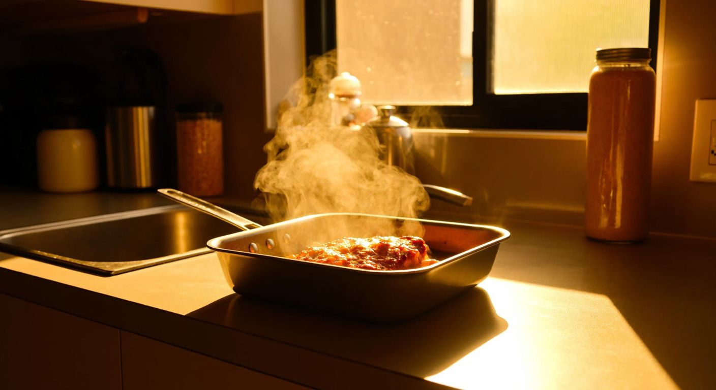 A small, square metal pan sits on a kitchen counter in Turkey, with a single portion of sizzling food inside, surrounded by warm golden light.