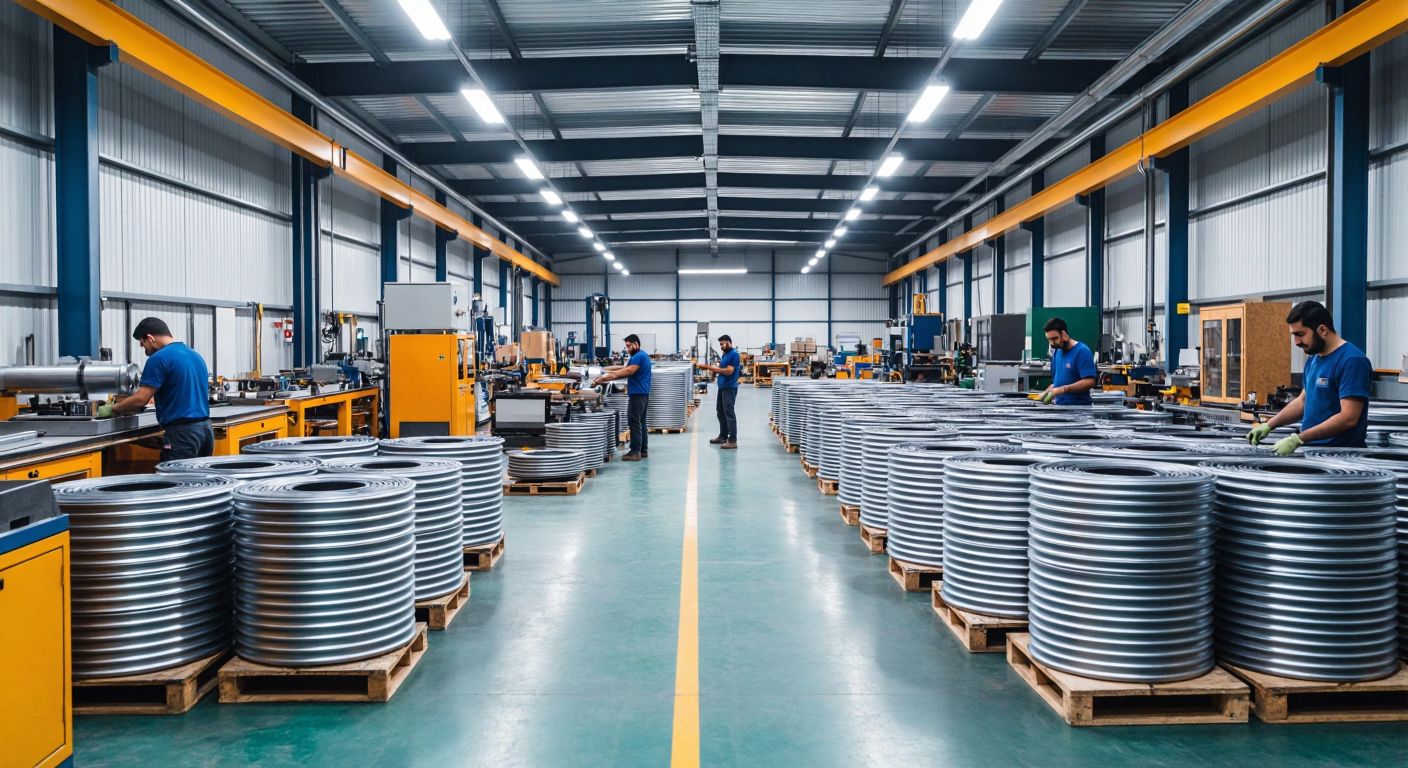 A modern industrial workshop in Turkey with workers assembling large, gleaming carpet-cleaning machines, surrounded by neatly stacked metal parts and tools, under bright fluorescent lights.