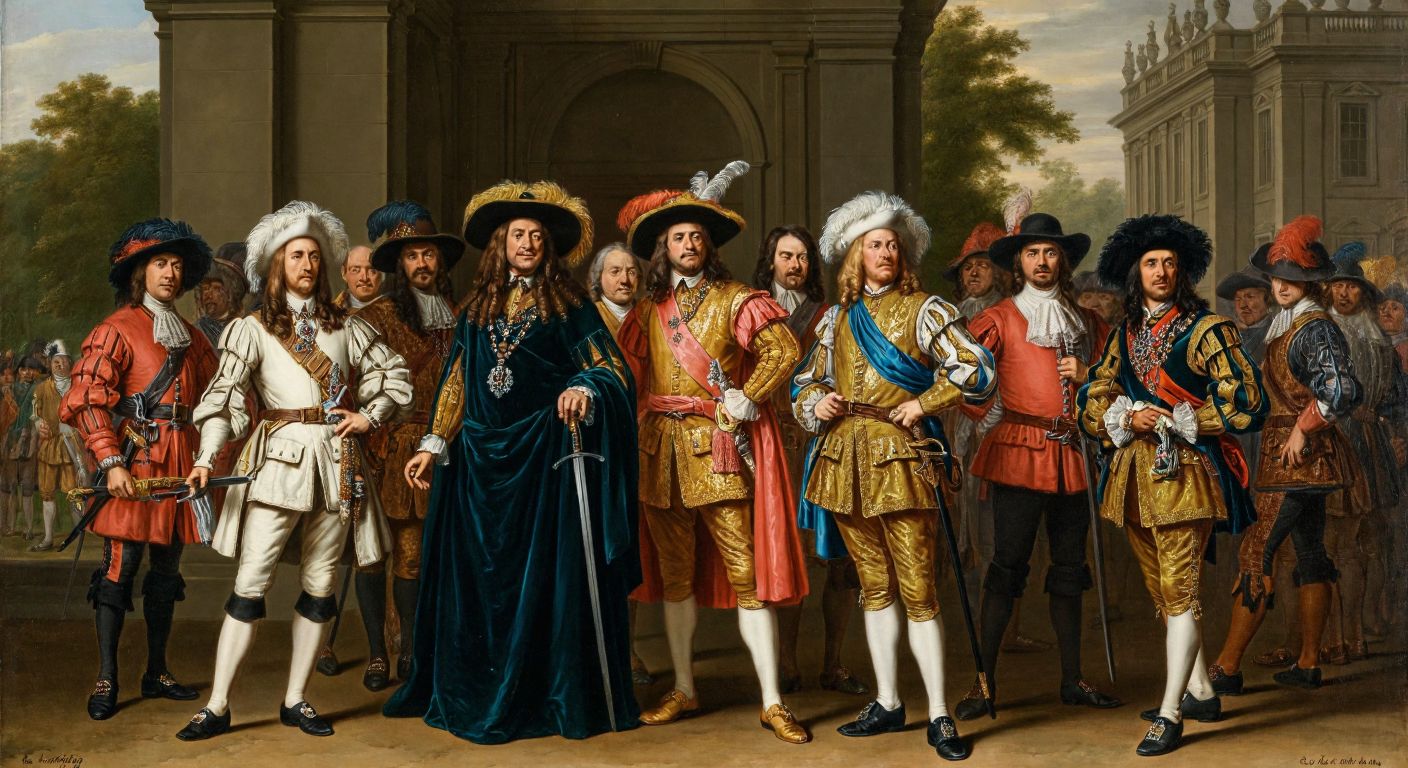 A group of 17th-century English Cavaliers in ornate, aristocratic clothing, standing proudly with feathered hats and swords, their faces showing loyalty and determination, set against a backdrop of a grand English manor.