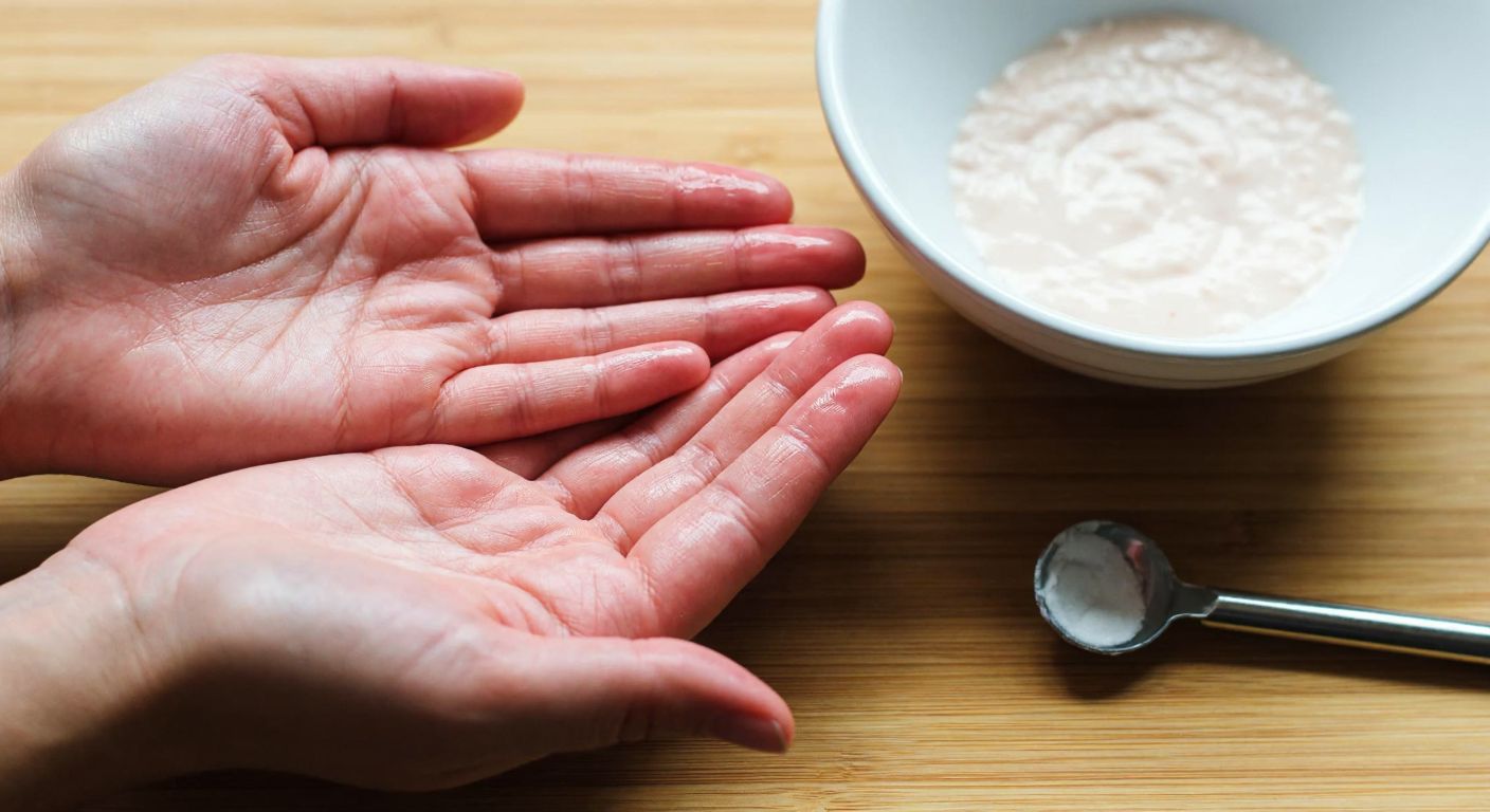 A pair of hands covered in a smooth, pale pink alginate mixture, pressed into a small plastic container, with a bowl of powdered alginate and a mixing tool nearby on a wooden table.