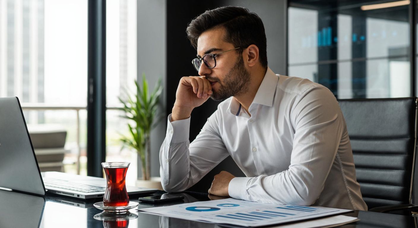A Turkish investor in a modern office setting, wearing a crisp shirt and glasses, thoughtfully reviewing financial charts on a sleek desk with a cup of traditional Turkish tea beside them.