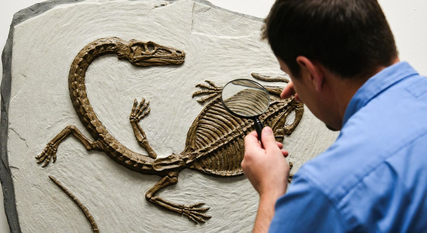 A paleontologist carefully examines the long-necked fossil of *Dinocephalosaurus orientalis* embedded in limestone, with a magnifying glass revealing intricate details of its dragon-like features.