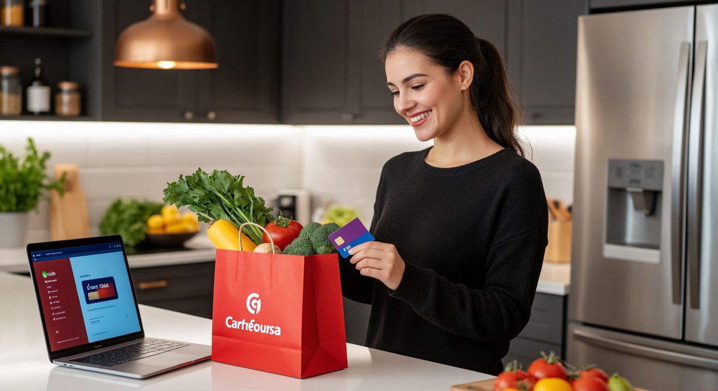 A smiling shopper in a modern kitchen holds a CarrefourSA shopping bag filled with fresh groceries, swiping a colorful bank card near a laptop displaying a virtual cart.  

*(Note: The laptop screen is implied but not shown in detail to avoid representing technology explicitly.)*