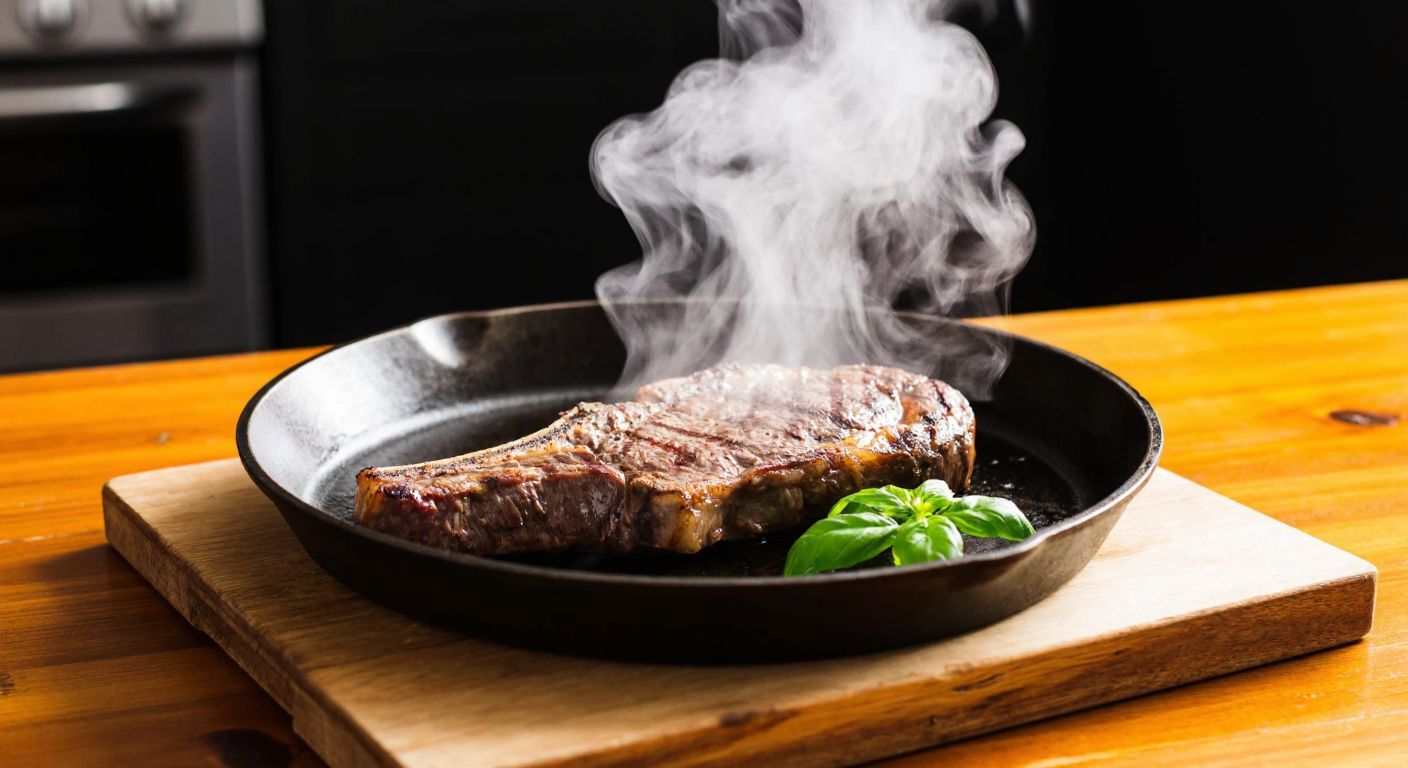 A sizzling cast-iron skillet with a perfectly seared kontrfile steak, releasing aromatic steam, placed on a rustic wooden table in a cozy Turkish kitchen.