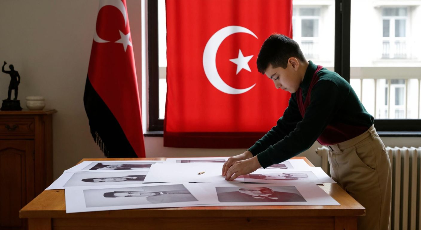A young Turkish student carefully arranges printed A4 sheets on a wooden table, assembling a large poster featuring Atatürk’s portrait alongside symbolic reforms like a fez replaced by a Western hat and a woman removing her veil, with a Turkish flag draped in the background.
