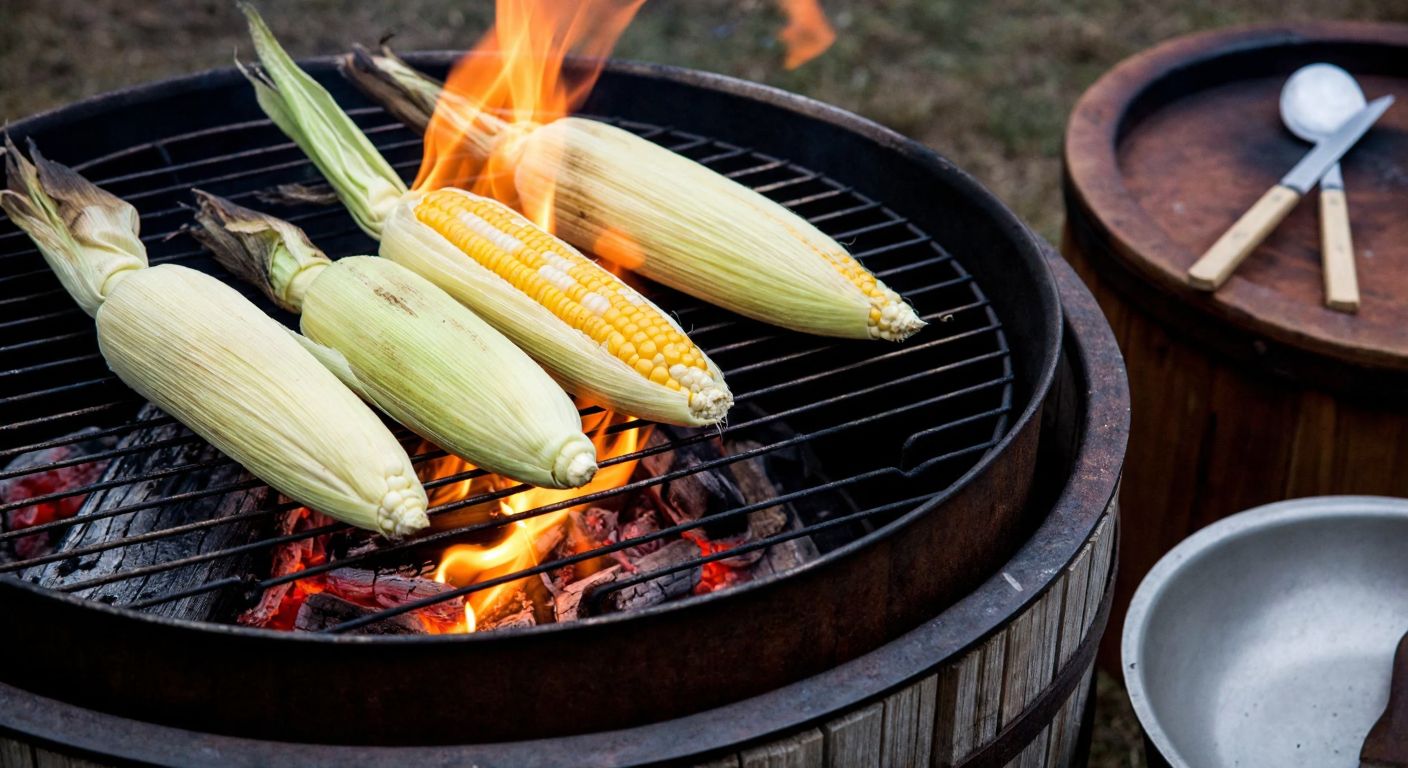 A rustic outdoor fire pit with fresh corn cobs wrapped in partially peeled husks, roasting evenly on a metal grate over glowing embers, surrounded by a warm, crackling fire and a rustic wooden table with simple utensils.
