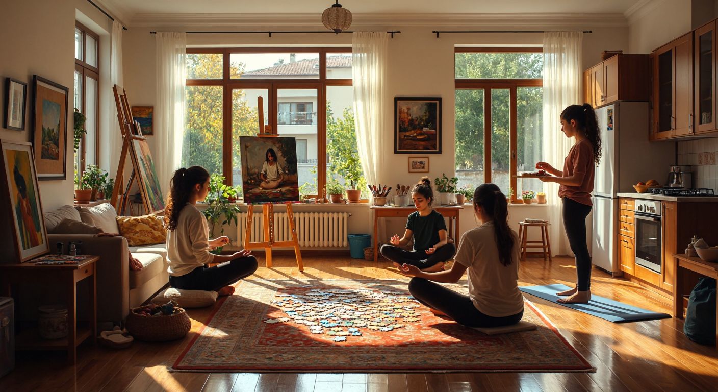 A cozy Turkish living room with a group of high school students engaged in various activities—one painting at an easel, another kneading dough in the kitchen, two assembling a puzzle on the floor, and a pair stretching during yoga, all bathed in warm afternoon light.