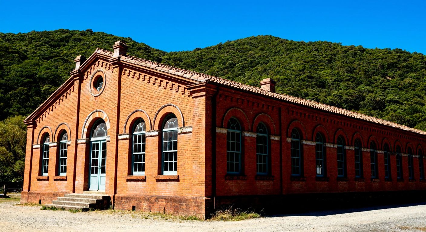 A weathered but proud red-brick school building with arched windows and a tiled roof, nestled among lush green hills under a clear blue sky, evoking nostalgia and historical charm.