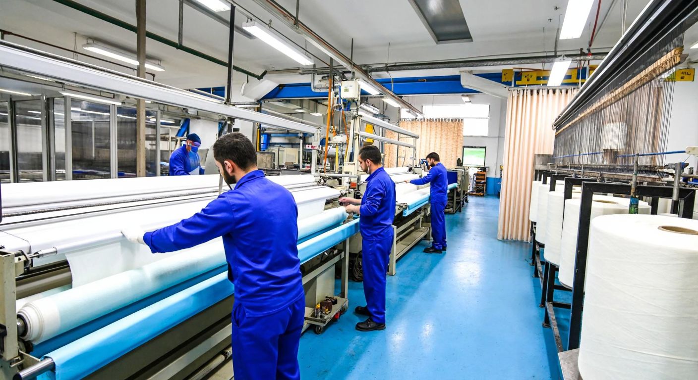 A bustling Turkish industrial workshop with workers in blue uniforms meticulously weaving cleaning cloths on large looms, surrounded by neatly stacked rolls of fabric and gleaming stainless steel machinery.