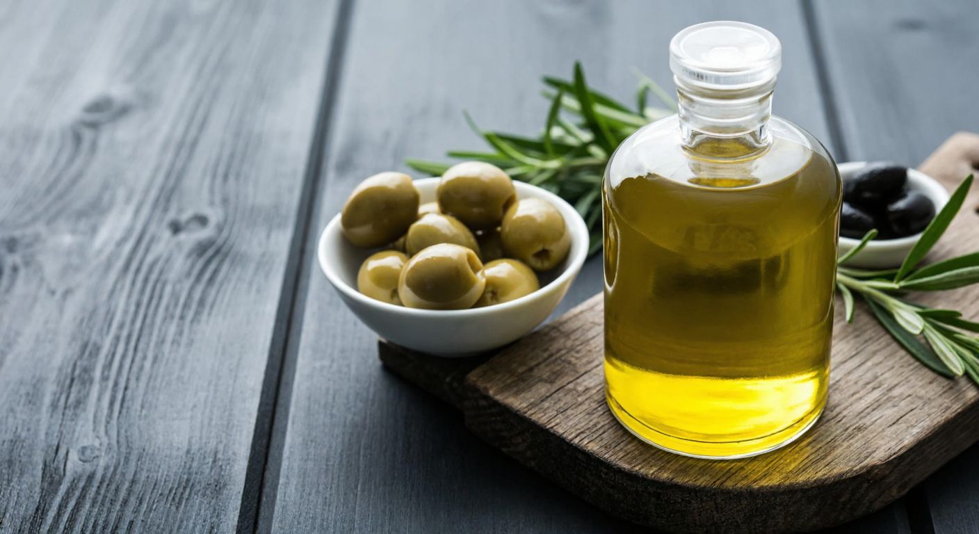 A clear glass bottle of Qlux olive oil with a golden-yellow liquid inside, placed on a rustic wooden table next to a small bowl of olives and fresh herbs, evoking a warm Turkish kitchen setting.