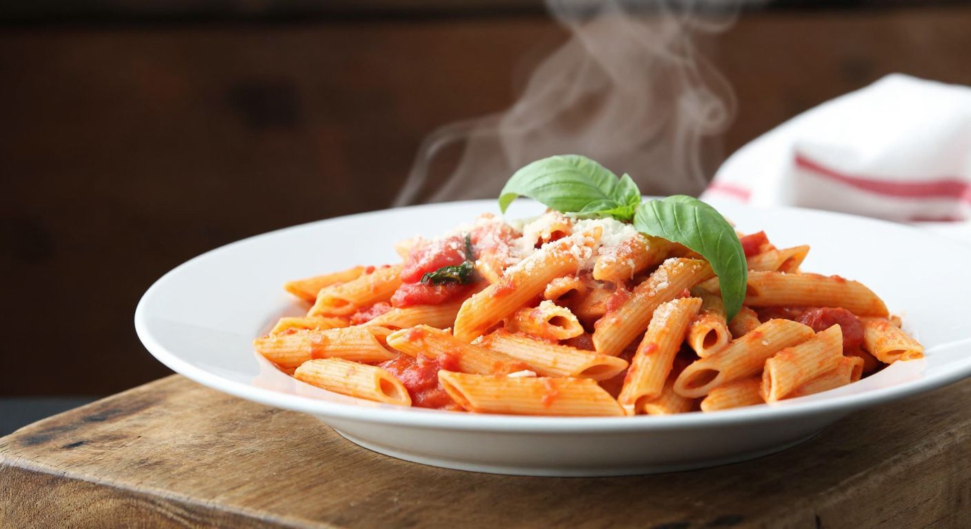 A steaming plate of penne pasta coated in vibrant red arabiata sauce, garnished with fresh basil leaves and grated Parmesan, resting on a rustic wooden table in a cozy Italian-style kitchen.
