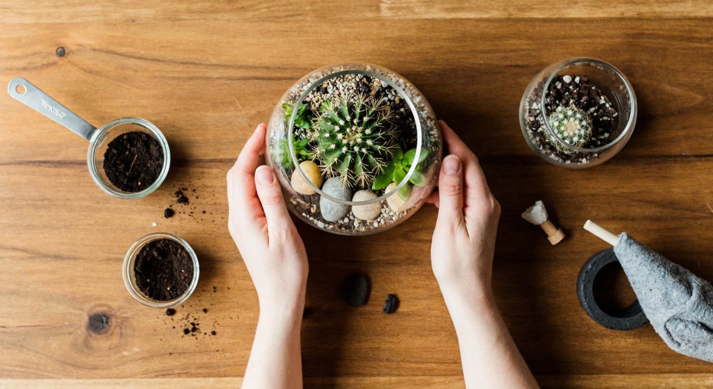 A pair of hands carefully arranging small cacti and decorative pebbles inside a glass terrarium on a wooden table, with scattered materials like soil, charcoal, and tiny figurines nearby.